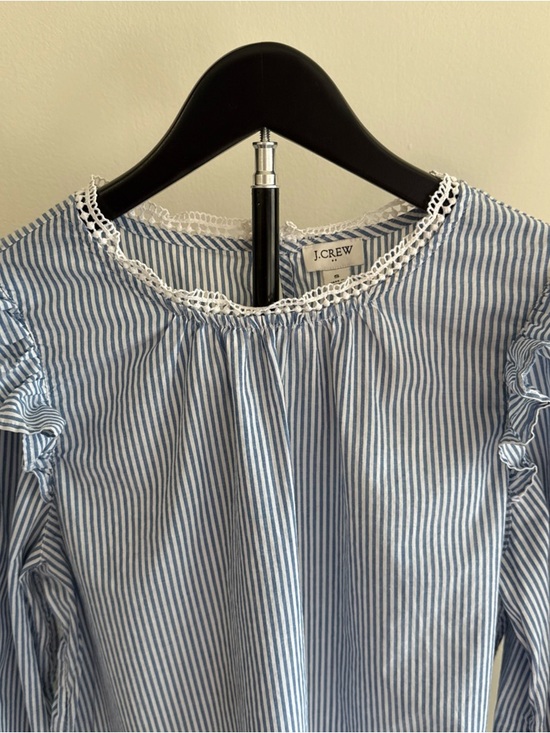 J. Crew Light Blue & White Striped Ruffle Shoulder Blouse - Picture 6 of 7